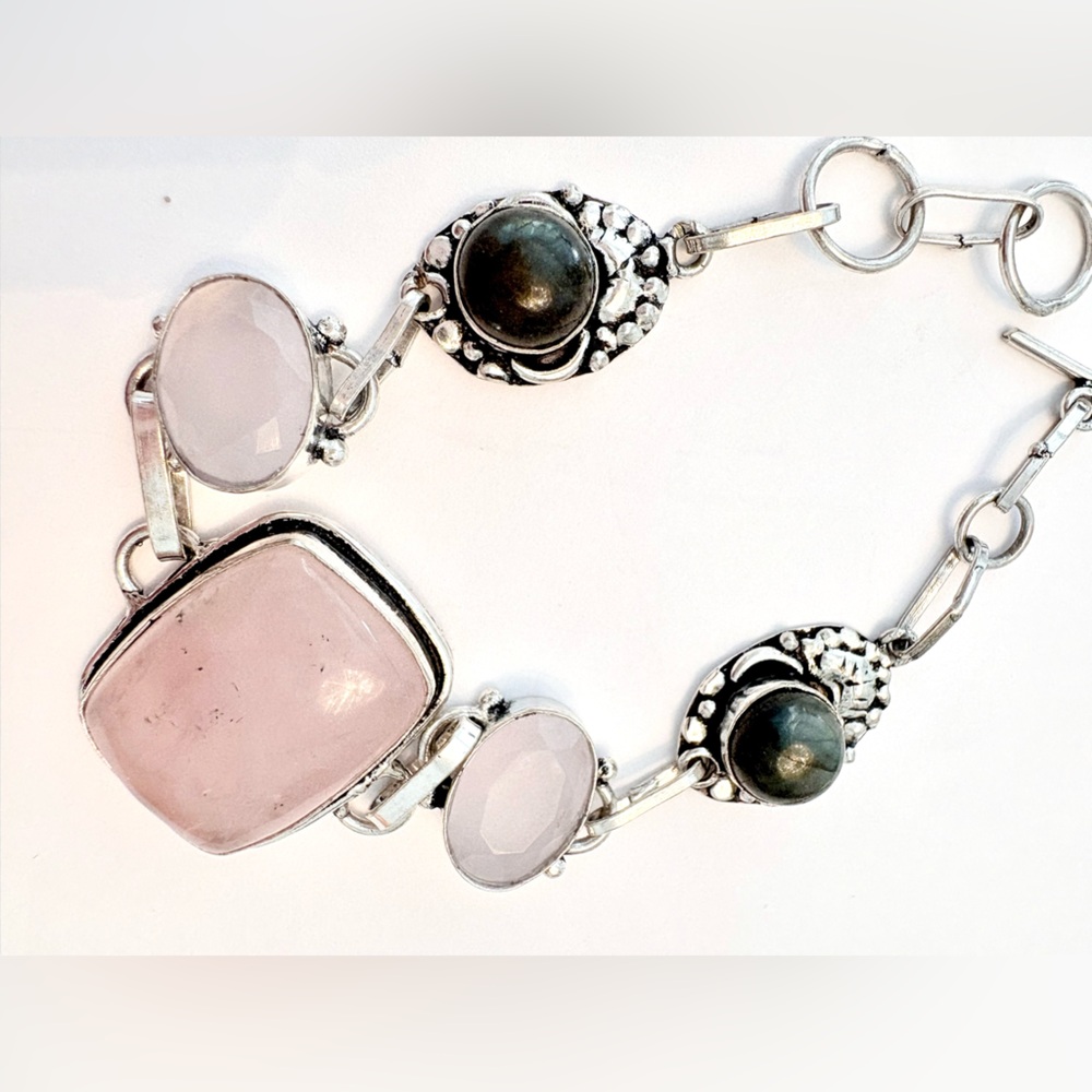 3 stone Rose Quartz, and 2 stone Firey Labradorite, bracelet size 7 /2—8